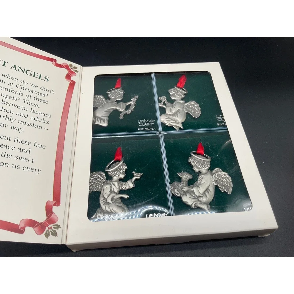Vintage Pewter Angel Christmas Ornament Set Lindsay Claire Littlest Angels Boxed